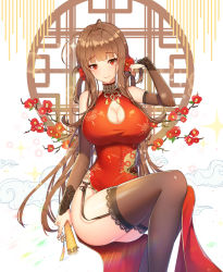 Rule 34 | 1girl, antenna hair, bad id, bad pixiv id, bare shoulders, black panties, blunt bangs, blush, breasts, bridal gauntlets, brown hair, brown thighhighs, china dress, chinese clothes, cleavage, cleavage cutout, clothing cutout, dress, dsr-50 (girls&#039; frontline), dsr-50 (red peony) (girls&#039; frontline), flower, garter belt, garter straps, girls&#039; frontline, hair flower, hair ornament, lace, lace-trimmed legwear, lace trim, large breasts, long hair, looking at viewer, official alternate costume, panties, red dress, red eyes, round window, side-tie panties, side slit, sitting, sleeveless, smile, solo, thighhighs, tp (kido 94), underwear, very long hair, window