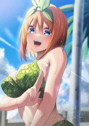 Rule 34 | 1girl, absurdres, bikini, blue eyes, blush, breasts, commentary request, go-toubun no hanayome, green bikini, highres, large breasts, looking at viewer, nakano yotsuba, navel, orange hair, outdoors, salute, slope (check238), smile, solo, swimsuit, two-finger salute, upper body, water drop, watermark
