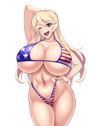 Rule 34 | 1girl, alternate breast size, american flag, american flag bikini, american flag print, bikini, blonde hair, blue eyes, breasts, cleavage, flag print, highleg, highleg bikini, huge breasts, iowa (kancolle), kantai collection, kawanuma uotsuri, looking at viewer, navel, simple background, solo, swimsuit, thighhighs, white background