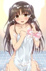 Rule 34 | 1boy, bad id, bad pixiv id, bathroom, blush, brown eyes, brown hair, covering privates, crossdressing, little busters!, long hair, looking at viewer, male focus, naked towel, naoe riki, natsu natsuna, nude cover, solo, sponge, towel, trap