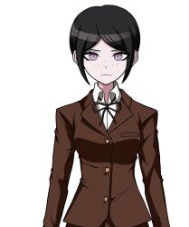 1girl black_hair bow brown_bow brown_jacket brown_ribbon closed_mouth danganronpa:_trigger_happy_havoc danganronpa_(series) eyebrows eyelashes female_focus freckles frown ikusaba_mukuro jacket long_hair long_sleeve_shirt long_sleeved_jacket long_sleeves looking_at_viewer middinos neck_ribbon parted_bangs purple_eyes ribbon shirt solo solo_focus third-party_edit white_shirt