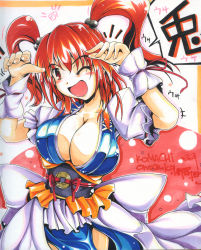 Rule 34 | 1girl, blush, breasts, cleavage, female focus, hair bobbles, hair ornament, highres, ichirino minagi, large breasts, one eye closed, onozuka komachi, open mouth, red eyes, red hair, shikishi, solo, touhou, traditional media, twintails, two side up, wink, wrist cuffs