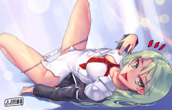 Rule 34 | 1girl, artist name, breasts, cleavage, green eyes, green hair, highres, jjune, lens flare, looking at viewer, lying, matching hair/eyes, medium breasts, necktie, on back, open clothes, open shirt, original, panties, panty pull, shirt, short hair, solo, tongue, tongue out, underwear, upside-down