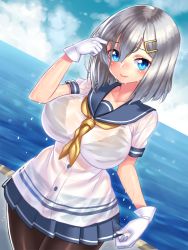 Rule 34 | 10s, 1girl, adjusting hair, black pantyhose, blue eyes, blush, breasts, cloud, day, dutch angle, gloves, hair between eyes, hair ornament, hairclip, hamakaze (kancolle), kantai collection, large breasts, ocean, pantyhose, school uniform, see-through, serafuku, short hair, silver hair, skirt, sky, solo, wet, wet clothes, white gloves, yapo (croquis side)