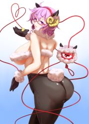 Rule 34 | 1girl, :p, aged up, ahoge, animal ears, ass, bare shoulders, bespectacled, black pantyhose, breasts, chinese zodiac, colored eyelashes, curvy, from behind, glasses, gloves, gradient background, hairband, heart, heart of string, hooves, horns, komeiji satori, large breasts, looking at viewer, looking back, monster girl, new year, pandain, pantyhose, purple eyes, purple hair, red-framed eyewear, semi-rimless eyewear, sheep ears, sheep girl, sheep horns, sheep tail, short hair, sideboob, solo, strapless, tail, thick thighs, thighs, third eye, tongue, tongue out, touhou, tube top, under-rim eyewear, wool, year of the goat, year of the ram