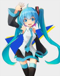 Rule 34 | 1girl, :d, ahoge, arm up, bare shoulders, black skirt, black sleeves, black thighhighs, blue eyes, blue hair, blue necktie, breasts, collared shirt, commentary request, detached sleeves, grey background, hair ornament, hatsune miku, highres, long hair, long sleeves, looking at viewer, mamagogo (gomaep), necktie, open mouth, pleated skirt, shirt, skirt, sleeveless, sleeveless shirt, sleeves past fingers, sleeves past wrists, small breasts, smile, solo, teeth, thighhighs, tie clip, twintails, upper teeth only, very long hair, vocaloid, white shirt, wide sleeves