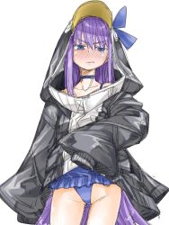 Rule 34 | 1girl, :s, akitsuki itsuki, animal hood, black hoodie, blue choker, blue eyes, blue one-piece swimsuit, blush, choker, closed mouth, clothes lift, cowboy shot, embarrassed, fate/grand order, fate (series), full-face blush, hood, hood up, hoodie, hoodie lift, long hair, long sleeves, looking at viewer, meltryllis (fate), meltryllis (swimsuit lancer) (first ascension) (fate), one-piece swimsuit, penguin hood, purple hair, simple background, sketch, solo, standing, swimsuit, v-shaped eyebrows, very long hair, white background