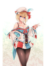 Rule 34 | 1girl, absurdres, armpit peek, bare shoulders, beret, blonde hair, blue eyes, bra strap, breasts, brown pantyhose, cleavage, collarbone, commentary request, hand on own hip, hat, hat ribbon, highres, large breasts, long sleeves, looking at viewer, miniskirt, multicolored clothes, multicolored skirt, off shoulder, original, osisio, pantyhose, pleated skirt, red ribbon, ribbon, shirt, short hair, skirt, smile, solo, standing, v, white hat, white shirt, wide sleeves