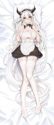 Rule 34 | 1girl, absurdly long hair, aegir (azur lane), aegir (iron blood&#039;s dragon maid) (azur lane), apron, arm garter, azur lane, bad id, bad pixiv id, bare arms, bare shoulders, bed sheet, black skirt, blush, breasts, cleavage, closed mouth, embarrassed, from above, full body, garter straps, hairband, highres, horns, large breasts, lolita hairband, long hair, looking at viewer, lying, miniskirt, multicolored hair, nervous smile, no shoes, on back, on bed, qing wu, red hair, sample watermark, sampler, skirt, smile, solo, strapless, streaked hair, thighhighs, tube top, two-tone hair, very long hair, waist apron, watermark, white apron, white hair, white thighhighs, yellow eyes, zettai ryouiki