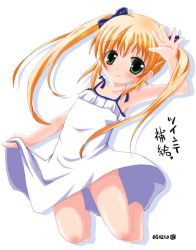 Rule 34 | 1girl, barefoot, blonde hair, child, dress, green eyes, long hair, looking at viewer, simple background, solo, sundress, twintails, waving, white background, white dress, yamasaki tomoya