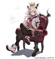 Rule 34 | 1girl, aiko (kanl), animal ears, bare shoulders, black choker, black gloves, black pantyhose, blue eyes, borrowed character, brown dress, candy, chair, chimera-chan (toridamono), choker, commentary request, crossed legs, crown, dress, eyepatch, food, gloves, hair ornament, hair over one eye, hairclip, hand up, highres, holding, horns, lollipop, looking at viewer, off-shoulder shirt, off shoulder, original, pantyhose, shirt, shoes, short hair, short sleeves, signature, silver hair, single glove, single horn, sitting, smile, solo, white background, white footwear, white shirt