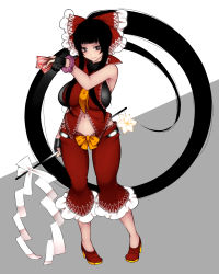 Rule 34 | 1girl, absurdly long hair, adapted costume, aoshima, black eyes, black gloves, black hair, blunt bangs, bow, breasts, closed mouth, commentary request, fingerless gloves, flower, frilled bow, frilled pants, frills, full body, gloves, gohei, grey background, hair bow, hakurei reimu, high collar, highres, invisible floor, large breasts, lily (flower), long hair, looking at viewer, lowleg, lowleg pants, multicolored background, navel, neckerchief, ofuda, orange bow, orange neckerchief, pants, partially fingerless gloves, ponytail, purple scrunchie, red bow, red footwear, red pants, scrunchie, shide, shoes, sidelocks, simple background, sleeveless, sleeveless turtleneck, solo, standing, touhou, turtleneck, very long hair, white background, wrist scrunchie, yin yang