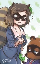 Rule 34 | &gt;:d, 1boy, 1girl, 2016, :3, :d, animal crossing, animal ears, artist name, blue eyes, brown eyes, brown hair, business suit, chamaji, collarbone, collared shirt, commentary request, dated, eyebrows, formal, futatsuiwa mamizou, glasses, hand on own hip, highres, jacket, leaf, long sleeves, mib mamizou, necktie, nintendo, one-hour drawing challenge, open mouth, pointing, raccoon ears, raccoon tail, shirt, short hair, smile, smirk, suit, tail, tom nook (animal crossing), touhou, v-shaped eyebrows