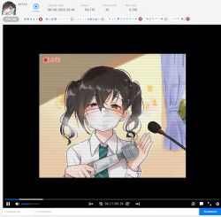 Rule 34 | 1girl, bad id, bad pixiv id, blush, brown eyes, brown hair, character name, collared shirt, commentary request, diagonal-striped clothes, diagonal-striped necktie, diagonal-striped neckwear, fake video, goyain, green neckwear, hair between eyes, half-closed eyes, hitachi magic wand, holding, idolmaster, idolmaster cinderella girls, livestream, long hair, long sleeves, looking at viewer, mask, mole, mole under eye, mouth mask, necktie, niconico, sex toy, shirt, solo, striped clothes, striped neckwear, sunazuka akira, surgical mask, translation request, twintails, upper body, vibrator, white shirt