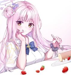 Rule 34 | 1girl, :q, absurdres, blue archive, blue bow, blush, bow, dress, eating, flower, food, fruit, hair bun, hair ornament, halo, highres, licking lips, long hair, looking at viewer, mika (blue archive), pink hair, single side bun, solo, strawberry, tongue, tongue out, yellow eyes, yum draw
