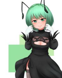 Rule 34 | 1girl, antennae, black skirt, black thighhighs, blush, bodice, breasts, cleavage cutout, clothing cutout, cosplay, crop top, gloves, green eyes, green hair, high-waist skirt, juliet sleeves, long sleeves, medium breasts, nier (series), nier:automata, puffy sleeves, side slit, skirt, smile, solo, thighhighs, touhou, white gloves, wriggle nightbug, yocchi (tenyunkel), 2b (nier:automata), 2b (nier:automata) (cosplay)