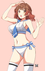 Rule 34 | 1girl, arm up, armpit peek, between breasts, bikini, breasts, cowboy shot, gakuen idolmaster, hanami ume, highres, idolmaster, large breasts, looking at viewer, navel, necktie, necktie between breasts, pink background, ponpon, sailor collar, sailor swimsuit (idolmaster), salute, side-tie bikini bottom, signature, simple background, solo, standing, stomach, swimsuit, thighhighs, white thighhighs