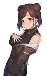 Rule 34 | 1girl, akimikan (2.5deciliter), black shirt, blush, breasts, brown hair, brown jacket, commentary request, double bun, earrings, hair bun, hair ornament, hairclip, hand up, heart, heart earrings, highres, idolmaster, idolmaster shiny colors, jacket, jewelry, looking at viewer, medium breasts, parted lips, plaid, plaid skirt, purple eyes, red skirt, shirt, simple background, skirt, sleeveless, sleeveless shirt, solo, sonoda chiyoko, swept bangs, twintails, white background, x hair ornament
