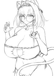 Rule 34 | 1girl, animal ears, bell, blush, breasts, cat ears, cat girl, cat lingerie, cat tail, chain, cleavage, collarbone, curvy, glasses, highres, hololive, hololive english, holomyth, huge breasts, meme attire, monochrome, navel, ouro kronii, panties, round eyewear, short hair, sketch, solo, stomach, tail, tentopus, thick thighs, thighs, underwear, virtual youtuber, white background