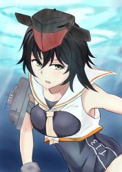 Rule 34 | 10s, 1girl, absurdres, arm strap, black hair, bow, breast cutout, character name, commentary request, framed breasts, hair between eyes, hairbryereen), hat, highres, hst, i-13 (kancolle), kantai collection, looking to the side, neckerchief, open mouth, rukialice, sailor collar, school swimsuit, shirt, short hair, sleeveless, sleeveless shirt, smile, solo, swimsuit, swimsuit under clothes, underwater, upper body, yellow eyes