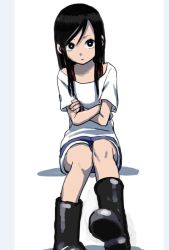 Rule 34 | 1girl, black footwear, black hair, boots, bright pupils, crossed arms, long hair, looking at viewer, original, rubber boots, simple background, sitting, solo, white background, yamamoto souichirou