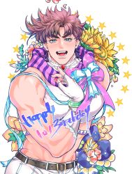 Rule 34 | 1boy, bara, battle tendency, birthday, blue eyes, brown hair, crop top, dated, fingerless gloves, flower, gloves, highres, jojo no kimyou na bouken, joseph joestar, joseph joestar (young), lace collar, large pectorals, male focus, midriff, muscular, muscular male, pectorals, red stone of aja, scarf, shirt, solo, white shirt, xing xiao