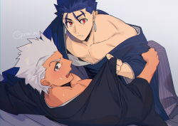 Rule 34 | 2boys, :d, alternate costume, archer (fate), blue hair, boy on top, commentary request, cu chulainn (fate), cu chulainn (fate/stay night), dark-skinned male, dark skin, earrings, fate/stay night, fate (series), frown, grey background, grey hair, hakama, hakama pants, hikaru (asteriskring), japanese clothes, jewelry, kimono, long hair, lying, male focus, multiple boys, on back, open mouth, pants, pectorals, ponytail, red eyes, short hair, smile, striped, surprised, sweat, teeth, toned, toned male, upper teeth only