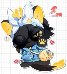 Rule 34 | !, 1boy, :3, animal ears, bag, blue jacket, character request, chibi, closed mouth, commentary request, full body, furrification, furry, furry male, furrysum, grid background, heart, horns, jacket, korean commentary, lightning bolt symbol, looking at viewer, male focus, pawpads, return of the mad demon, round eyewear, simple background, smile, solo, spoken exclamation mark, sunglasses, tail, yellow eyes