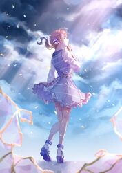 Rule 34 | 1girl, absurdres, ankle socks, arm at side, back bow, blue sky, blunt bangs, blurry, bobby socks, bow, brown hair, closed eyes, cloud, cloudy sky, dark clouds, day, depth of field, dress, drill hair, expressionless, facing away, floor, frilled dress, frilled sleeves, frills, from behind, full body, glass, glass shards, hair ornament, hair ribbon, hair scrunchie, hairclip, hand on own chest, hand up, hare wo matsu (vocaloid), heart, heart hair ornament, high heels, highres, kintsugi, knees together feet apart, lens flare, light particles, light rays, long sleeves, mochizuki honami, outdoors, parted lips, petals, plaid, plaid dress, profile, project sekai, puffy long sleeves, puffy sleeves, pumps, purple bow, purple dress, purple footwear, purple ribbon, purple scrunchie, ribbon, scrunchie, shoes, side drill, single horizontal stripe, single sidelock, sky, socks, solo, standing, striped, striped bow, striped ribbon, sunlight, two-tone bow, two-tone ribbon, vocaloid, wavy hair, white ribbon, white socks, yuzuha wasa