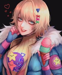 Rule 34 | 1girl, apex legends, black background, blue eyes, blue jacket, bodysuit, bow, character name, fur-trimmed hood, fur trim, green bow, hair bow, hair ornament, heart, heart hair ornament, highres, hood, hood down, hooded jacket, jacket, kawaii voltage wattson, pink bodysuit, pink bow, portrait, red bow, ribbed sweater, smile, solo, sweater, tama (ponz3o1), twitter username, upper body, wattson (apex legends), yellow sweater