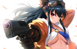 Rule 34 | 1girl, absurdres, arm up, bare shoulders, black hair, blush, breasts, criss-cross halter, floating hair, four goddesses online: cyber dimension neptune, gloves, gun, hair ornament, halterneck, handgun, highres, holding, holding gun, holding weapon, jacket, long hair, looking at viewer, medium breasts, neptune (series), o-ring, o-ring top, obaoba (monkeyix), aged up, open clothes, open jacket, red eyes, smile, solo, two side up, uni (neptunia), upper body, weapon, wind