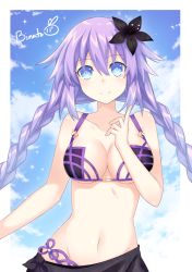 Rule 34 | 1girl, alternate costume, artist name, bare arms, bare shoulders, bikini, binato lulu, black bikini, black flower, black sarong, blue eyes, blush, braid, breasts, cleavage, cloud, cloudy sky, collarbone, commentary request, commission, cosplay, day, fate/grand order, fate (series), flower, hair between eyes, hair flower, hair ornament, index finger raised, looking at viewer, medium breasts, navel, neptune (series), purple hair, purple heart (neptunia), sarong, scathach (fate), scathach (fate/grand order), scathach (swimsuit assassin) (fate), sky, smile, solo, swimsuit, symbol-shaped pupils, twin braids