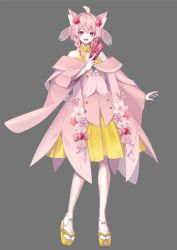 Rule 34 | 1boy, ahoge, animal ears, bare shoulders, bell, between fingers, blush, bow, braid, brooch, buttons, cherrim, cherrim (sunshine), clothing cutout, coat, creatures (company), dress, earrings, flower, full body, game freak, gem, gen 4 pokemon, green gemstone, grey background, hair bell, hair ornament, hand up, happy, highres, holding, jewelry, jingle bell, light blush, long sleeves, looking at viewer, male focus, medium hair, merlusa, mole, mole under eye, nail polish, neckerchief, nintendo, off-shoulder coat, off shoulder, ofuda, ofuda between fingers, open mouth, pale skin, personification, pink bow, pink coat, pink flower, pink hair, pink nails, pink neckerchief, pink sailor collar, pokemon, red eyes, sailor collar, sandals, sidelocks, simple background, sleeveless, sleeveless dress, smile, socks, solo, standing, tabi, teeth, trap, twin braids, white socks, wide sleeves, yellow dress, yellow footwear