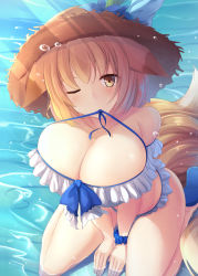 Rule 34 | 1girl, animal ears, blonde hair, blush, breasts, caustics, cleavage, ears down, fox ears, fox tail, frills, from above, hat, highres, large breasts, liya, mouth hold, multiple tails, one eye closed, sitting, solo, swimsuit, tail, touhou, wariza, water, yakumo ran, yellow eyes