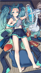 Rule 34 | 1girl, absurdres, aqua eyes, aqua hair, back, bare shoulders, barefoot, black skirt, blush, boots, unworn boots, bottle, clothes pull, cup, detached sleeves, feet, from above, full body, hair ornament, hatsune miku, highres, legs, long hair, looking at viewer, lying, midriff, navel, necktie, pillow, pleated skirt, shirt, shirt pull, skirt, sleeveless, sleeveless shirt, solo, spread toes, sweat, tea, tm (hanamakisan), toes, twintails, underwear, very long hair, vocaloid