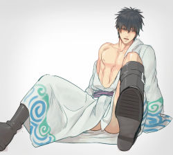 Rule 34 | 1boy, abs, bad id, bad pixiv id, black hair, blue eyes, blush, boots, bulge, cosplay, embarrassed, erection, erection under clothes, gintama, highres, hijikata toushirou, japanese clothes, kimono, knee boots, looking away, male focus, mozhi, nipples, no male underwear, open mouth, pectorals, sakata gintoki, sakata gintoki (cosplay), solo, undressing
