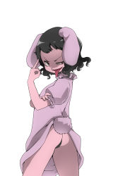 Rule 34 | 1girl, absurdres, animal ears, ass, black hair, black panties, child, clothes lift, dress, dress lift, highres, inaba tewi, looking at viewer, middle finger, namauni, open mouth, panties, pink dress, puffy short sleeves, puffy sleeves, rabbit ears, rabbit girl, rabbit tail, red eyes, short sleeves, smile, solo, tail, tongue, tongue out, touhou, underwear, uneven eyes