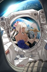 Rule 34 | 1girl, 1other, absurdres, astronaut, blonde hair, dark-skinned female, dark skin, earth (planet), elbow gloves, gloves, hair ornament, helmet, highres, hololive, hololive english, jl tan, limiter (tsukumo sana), long hair, looking at viewer, multicolored hair, nasa logo, planet, planet hair ornament, saturn (planet), smile, space, space helmet, spacesuit, tsukumo sana, tsukumo sana (1st costume), twintails, very long hair, virtual youtuber, white gloves, yellow eyes