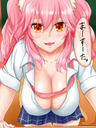 Rule 34 | 10s, 1girl, animal ear fluff, animal ears, breasts, cleavage, collarbone, fang, fate/extella, fate/extra, fate (series), fox ears, fox tail, highres, indoors, large breasts, long hair, looking at viewer, necktie, official alternate costume, open mouth, pink hair, r factory0101, school uniform, shirt, skirt, smile, solo, speech bubble, tail, tamamo (fate), tamamo no mae (jk) (fate), translation request, twintails, unbuttoned, yellow eyes