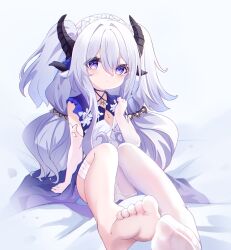 Rule 34 | 1girl, azur promilia, bandaged leg, bandages, barefoot, black horns, character request, hair between eyes, highres, horns, long hair, looking at viewer, panties, parted lips, petite, purple eyes, simple background, single thighhigh, sitting, solo, thighhighs, toes, tongxiao jiudao, two side up, underwear, very long hair, white background, white hair, white panties, white thighhighs