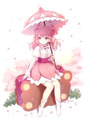 Rule 34 | 1girl, artist name, bad id, bad pixiv id, cherry blossom cookie, cherry blossoms, cookie run, flower, hair flower, hair ornament, long hair, long sleeves, millgua, oversized food, oversized object, parasol, petals, pink eyes, pink hair, pink skirt, puffy sleeves, sitting, skirt, smile, solo, twintails, two side up, umbrella