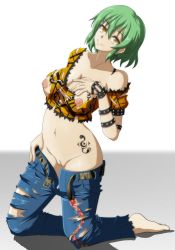Rule 34 | 1girl, absurdres, bare shoulders, belt, breast tattoo, breasts, cleavage, cleft of venus, denim, earrings, female focus, full body, green hair, highres, hikage (senran kagura), jeans, jewelry, large breasts, nipples, no panties, open belt, pants, pussy, senran kagura, shirt, simple background, solo, tattoo, torn clothes, torn jeans, torn pants, unbuckled, unbuttoned, uncensored, unzipped, yellow eyes, yellow shirt, zipper