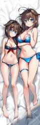 Rule 34 | 2girls, absurdres, ahoge, arm under breasts, barefoot, bed sheet, bikini, black bikini, blue bikini, blue eyes, braid, breasts, brown hair, commentary request, dual persona, eckert&amp;eich, gluteal fold, hair between eyes, hair flaps, hair over shoulder, hand on own chest, height difference, highres, kantai collection, large breasts, legs, long hair, looking at viewer, lying, medium breasts, multiple girls, navel, official alternate costume, on back, shigure (kancolle), shigure kai ni (kancolle), shigure kai san (kancolle), signature, single braid, smile, swimsuit, thigh strap, toenails, toes