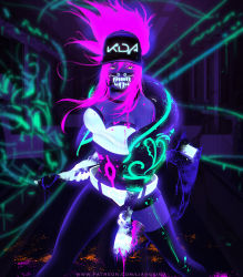 Rule 34 | 1girl, akali, asymmetrical clothes, asymmetrical legwear, bandeau, baseball cap, bodypaint, bracelet, breasts, choker, cleavage, cropped jacket, fighting stance, fingerless gloves, gloves, hat, jacket, jewelry, k/da (league of legends), k/da akali, large breasts, league of legends, liang xing, long hair, looking at viewer, mask, microphone, midriff, mouth mask, nail polish, navel, necklace, open clothes, open jacket, paint on clothes, paint splatter, patreon username, ponytail, purple hair, sickle, single pantsleg, solo, spray can, strapless, train interior, ultraviolet light, uneven legwear, watermark, web address, yellow eyes