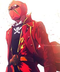 Rule 34 | 1boy, 39zo, commentary request, gokai red, highres, jacket, kaizoku sentai gokaiger, male focus, open clothes, open jacket, pirate, profile, red headwear, red jacket, solo, standing, super sentai, tokusatsu, twitter username, upper body, white background
