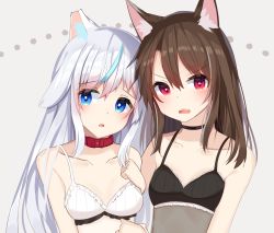 Rule 34 | 2girls, animal ear fluff, animal ears, bare shoulders, black choker, blue eyes, brown hair, cat ears, choker, collarbone, commentary request, fang, grey background, hair between eyes, hair ears, hand on own chest, hand up, head tilt, highres, long hair, mizuki ryuu, multiple girls, notched ear, original, parted lips, red eyes, side-by-side, simple background, teeth, upper body, upper teeth only, v-shaped eyebrows, very long hair, wolf ears