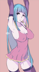 Rule 34 | 1girl, armpits, arms up, bad id, bad pixiv id, bikini, bikini under clothes, blue eyes, blue hair, blush, breasts, cleavage, covered erect nipples, covered navel, dress, elbow gloves, gloves, kurowa, large breasts, long hair, looking at viewer, matching hair/eyes, me!me!me!, meme (me!me!me!), parted lips, pink background, purple eyes, simple background, solo, standing, striped bikini, striped clothes, sweat, swimsuit, thighhighs, very long hair