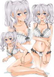 Rule 34 | 1girl, absurdres, barefoot, blue eyes, blush, bra, breasts, closed mouth, hair between eyes, highres, kantai collection, kashima (kancolle), large breasts, long hair, looking at viewer, maonatten, multiple views, navel, open mouth, panties, silver hair, simple background, smile, twintails, underwear, wavy hair, white background, white bra, white panties