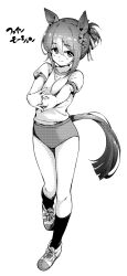 Rule 34 | 1girl, animal ears, breasts, buruma, character request, check character, fine motion (umamusume), full body, greyscale, hamao, highres, horse ears, horse girl, horse tail, looking at viewer, medium breasts, monochrome, shirt, shoes, short sleeves, simple background, smile, sneakers, socks, t-shirt, tail, translation request, umamusume, white background