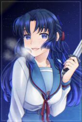 Rule 34 | 1girl, :d, asakura ryouko, belt, blue belt, blue eyes, blue hair, blue sailor collar, blue skirt, breasts, breath, collarbone, commentary request, highres, holding, holding knife, kita high school uniform, knife, large breasts, long hair, long sleeves, looking at viewer, nao (doublexdutch), night, night sky, open mouth, parted bangs, red ribbon, ribbon, sailor collar, school uniform, serafuku, skirt, sky, smile, solo, star (sky), starry sky, suzumiya haruhi no yuuutsu, upper body, winter uniform
